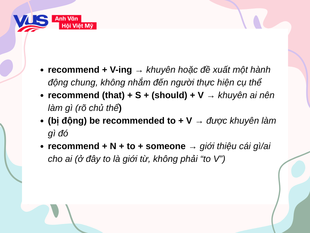 Recommend to V hay Ving? Quy tắc và ngữ cảnh sử dụng