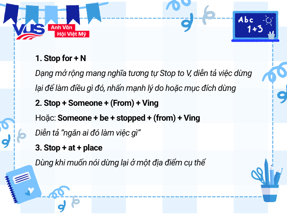 Stop + gì? Các cấu trúc Stop khác ngoài Stop to V hay Ving
