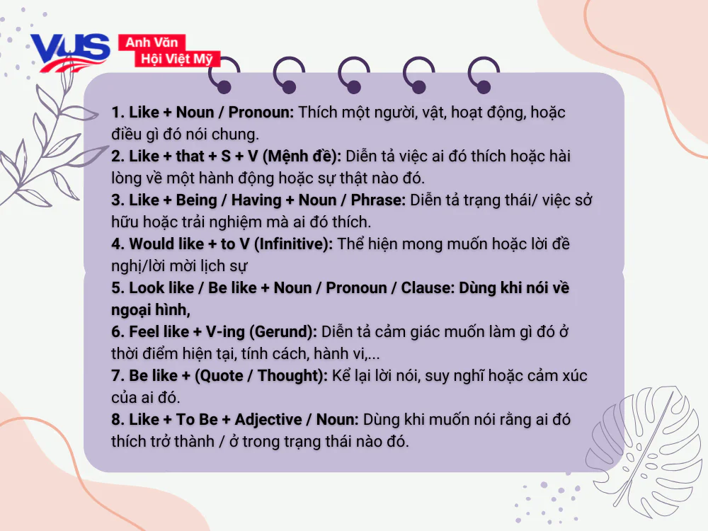 Like + gì? Các cấu trúc Like khác ngoài Like to V hay Ving