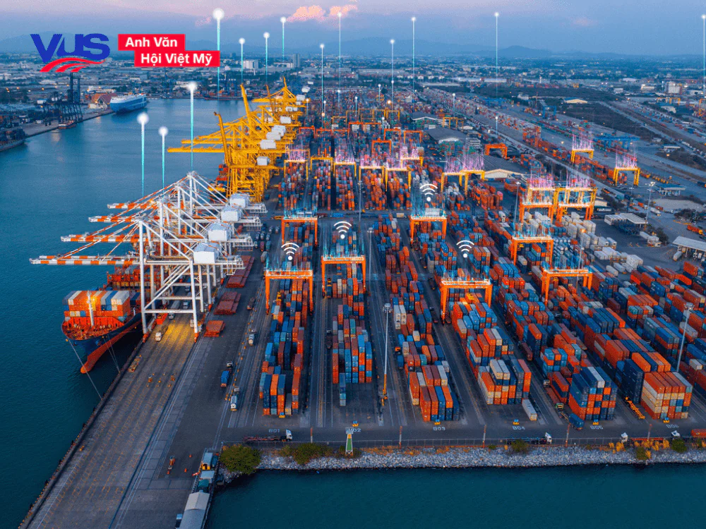 A cargo ship loading at a portDescription automatically generated