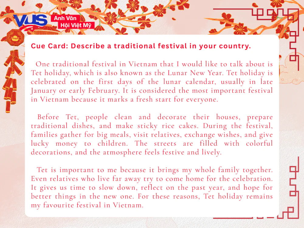 B&agrave;i mẫu IELTS Speaking part 2:&nbsp;Talk about a festival in Vietnam
