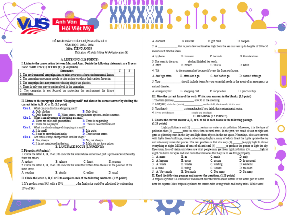 C&aacute;c dạng đề thi giữa k&igrave; 1&2 tiếng Anh 8