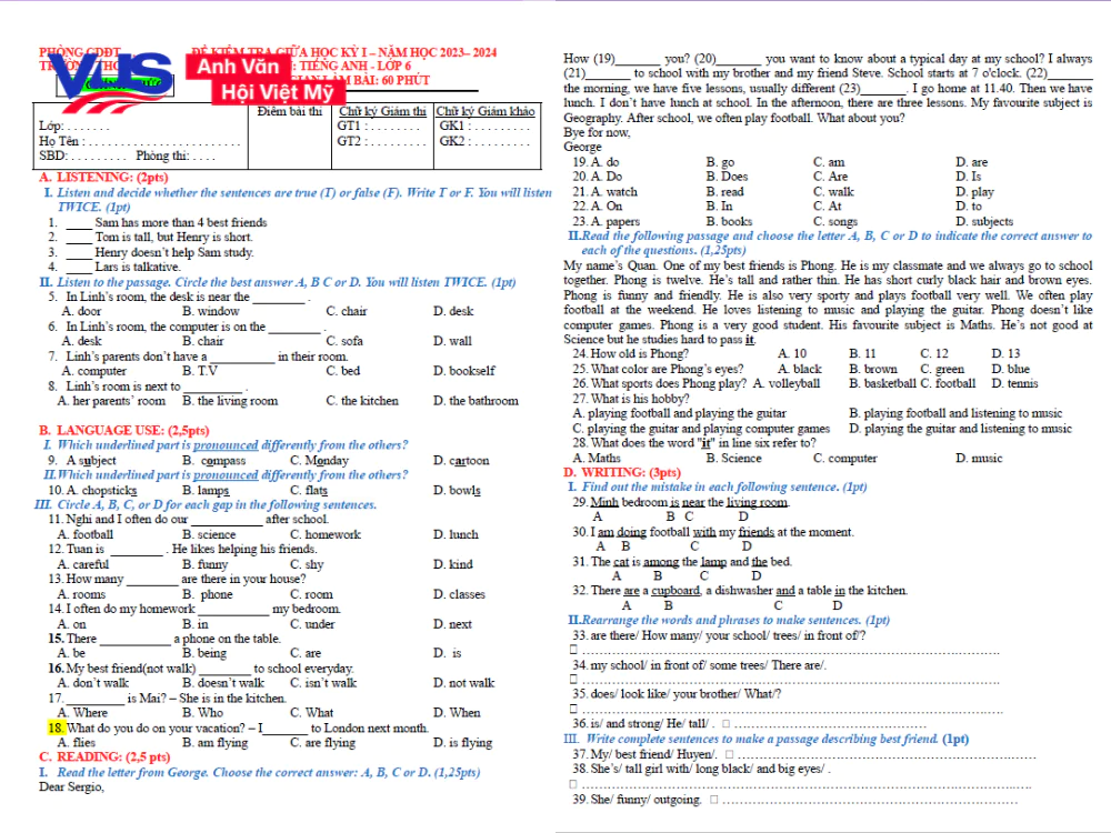 Đề thi Tiếng Anh lớp 6 PDF & audio