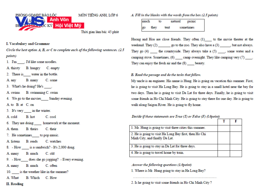 Đề tiếng Anh lớp 6 kì 1 và kì 2