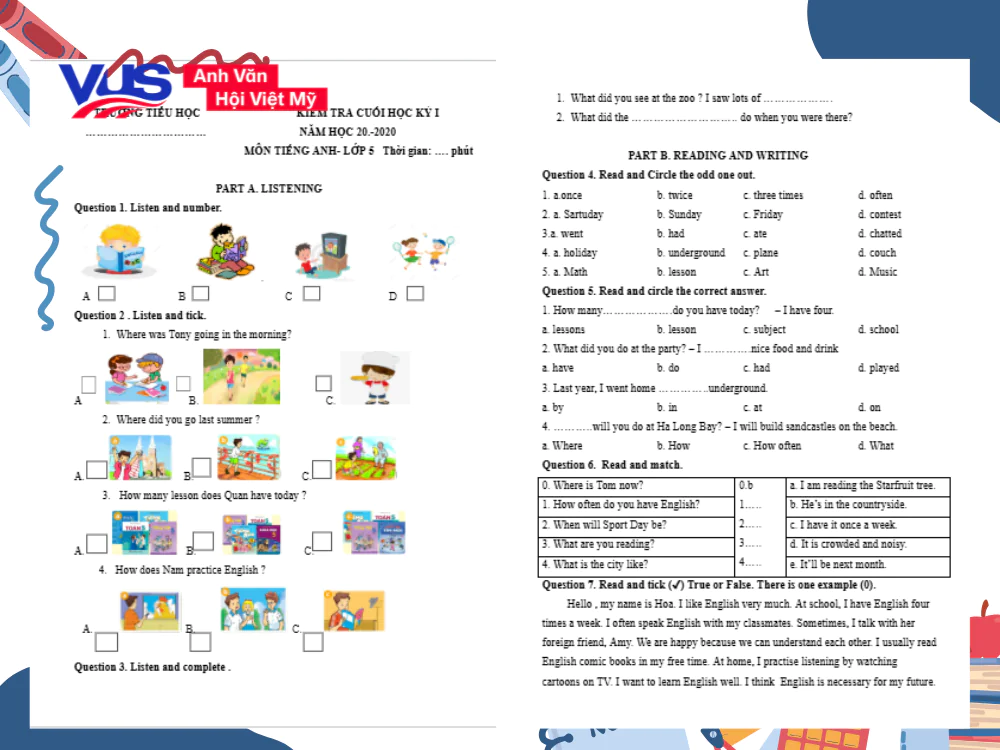 Tổng hợp đề thi tiếng Anh cuối k&igrave; 1 lớp 5