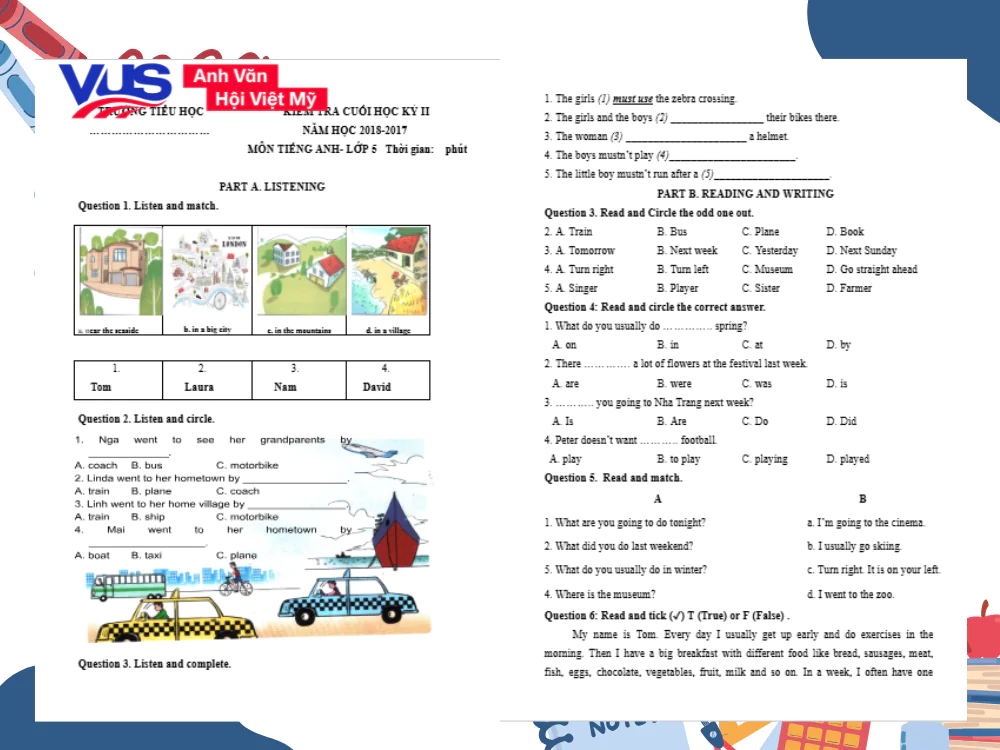 Tổng hợp đề thi tiếng Anh cuối k&igrave; 2 lớp 5