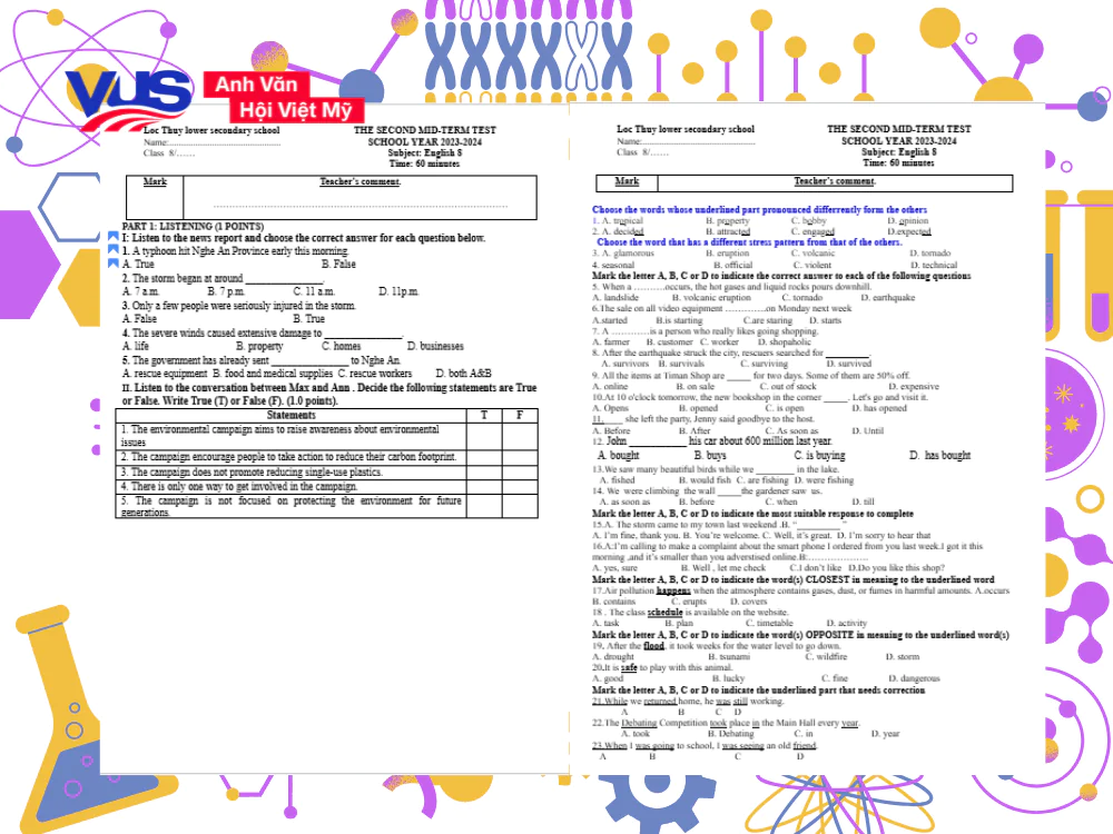 Tổng hợp đề thi tiếng Anh lớp 8 giữa k&igrave; 1 v&agrave; 2