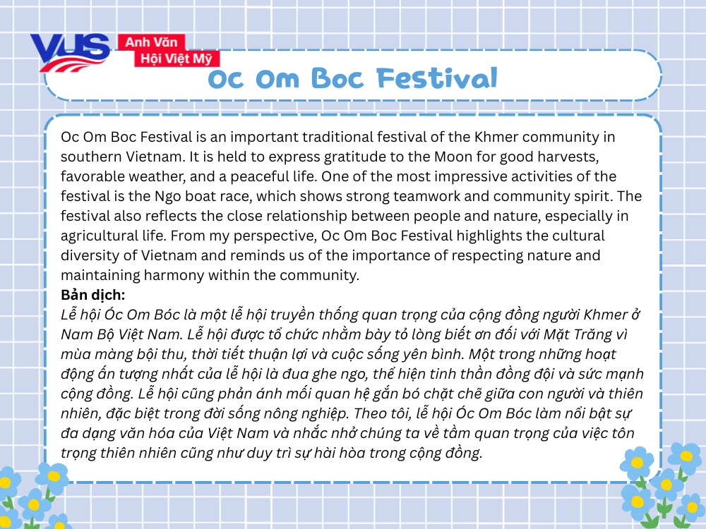 B&agrave;i viết đoạn văn về lễ hội bằng tiếng Anh ngắn nhất -&nbsp;Oc Om Boc Festival