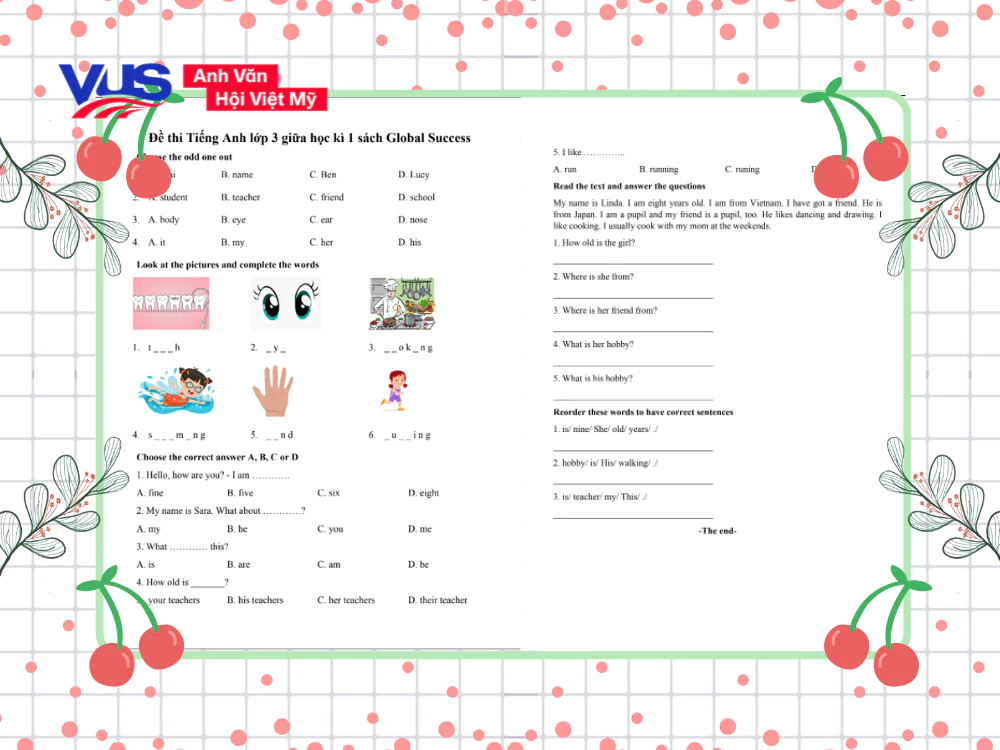 Đề thi tiếng Anh học k&igrave; 1&2 lớp 3