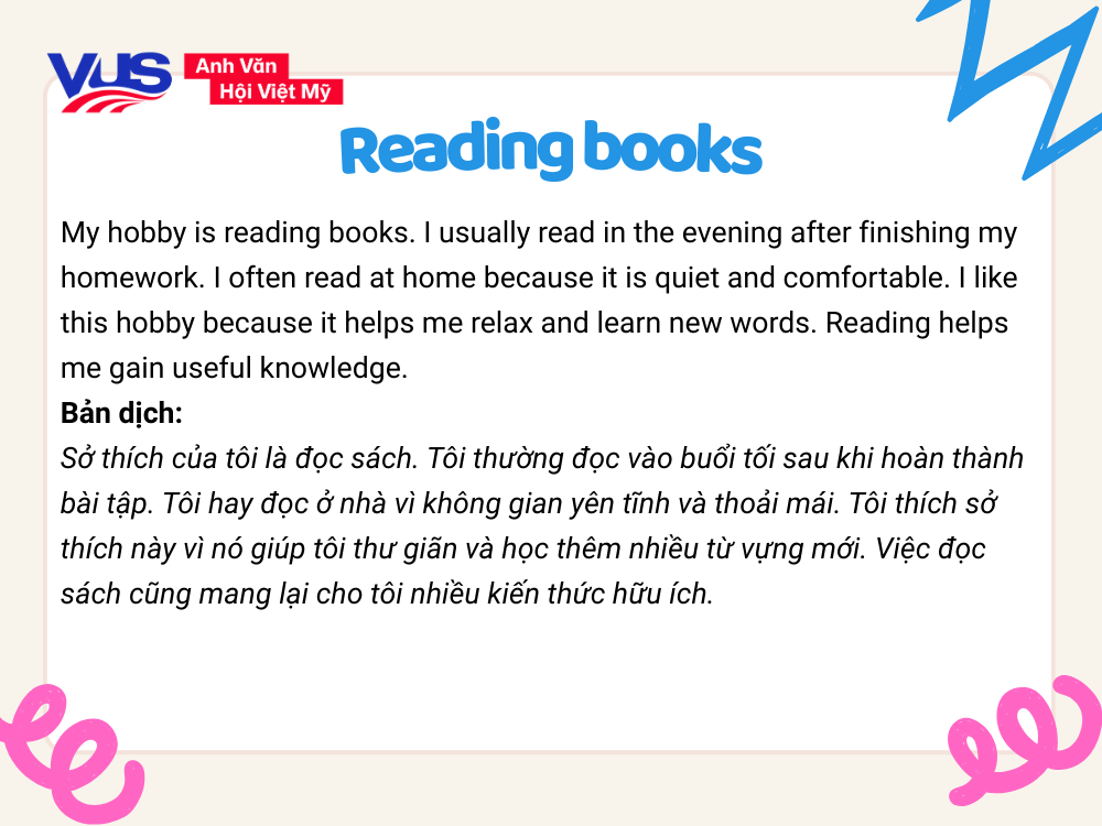 B&agrave;i n&oacute;i chủ đề Talk about Your Hobby ngắn - Reading books
