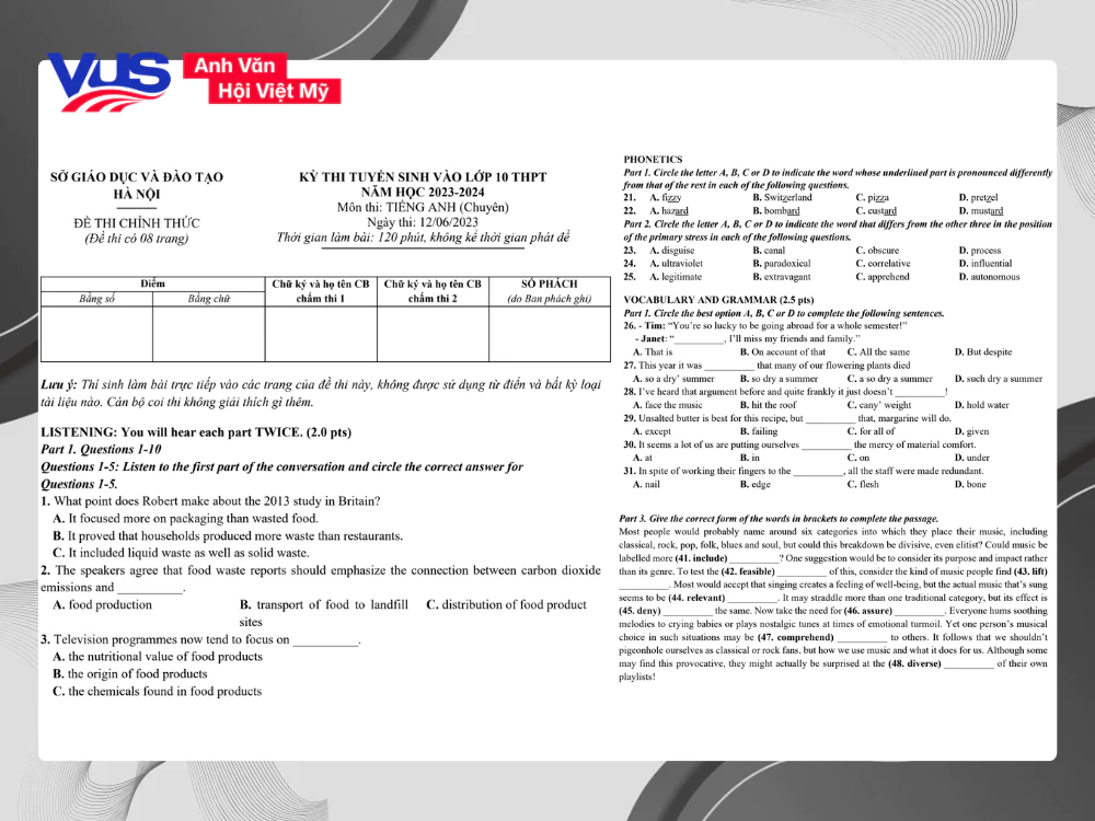 Hệ thống đề thi tiếng Anh v&agrave;o 10 H&agrave; Nội ch&iacute;nh thức c&aacute;c năm d&agrave;nh cho học sinh chuy&ecirc;n Anh