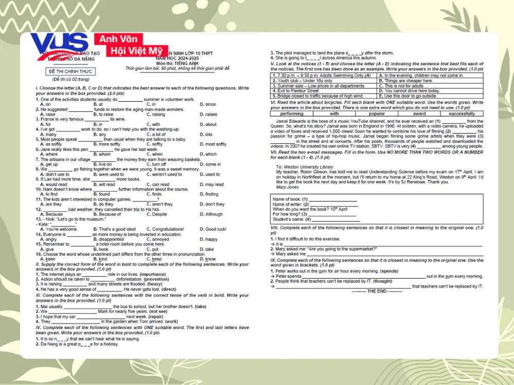 Tổng hợp&nbsp;đề thi m&ocirc;n tiếng Anh v&agrave;o 10 Đ&agrave; Nẵng
