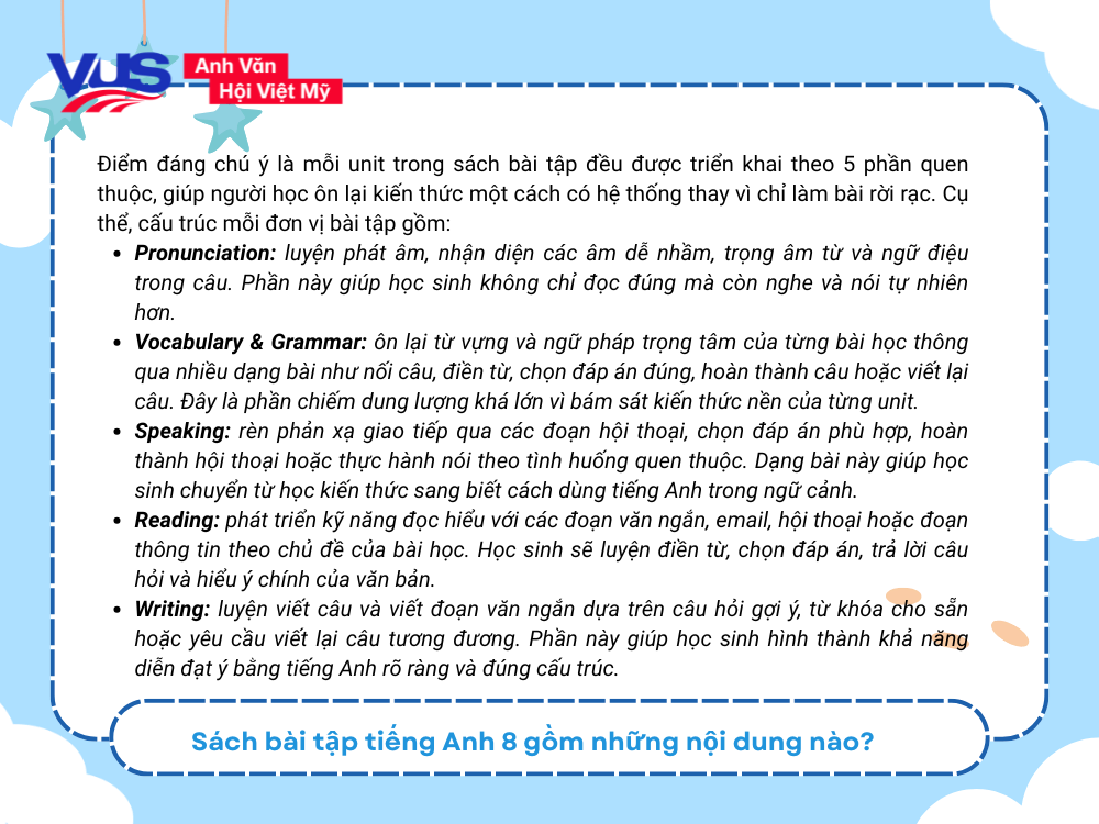 S&aacute;ch b&agrave;i tập tiếng Anh 8 gồm những nội dung n&agrave;o?