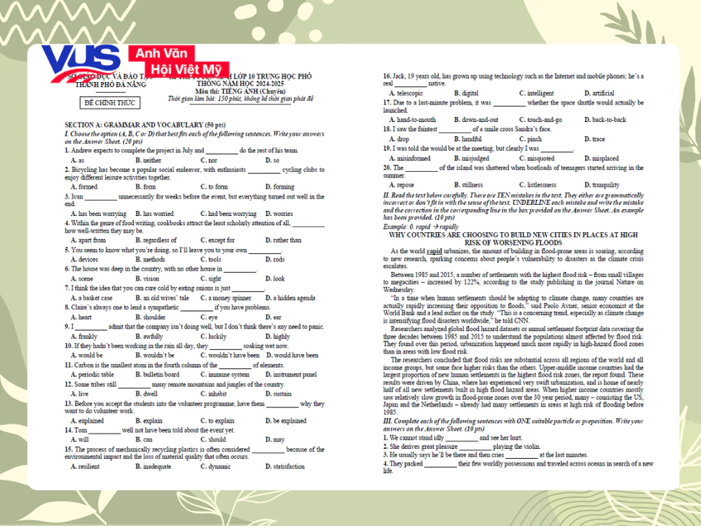 &Ocirc;n luyện đề thi tuyển sinh lớp 10 m&ocirc;n tiếng Anh c&ugrave;ng VUS