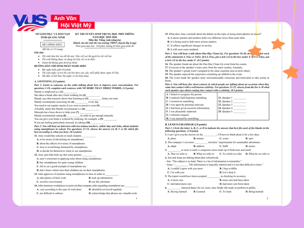 Tổng hợp File đề thi tiếng Anh v&agrave;o 10 Quảng Ninh c&aacute;c năm (Chuy&ecirc;n)