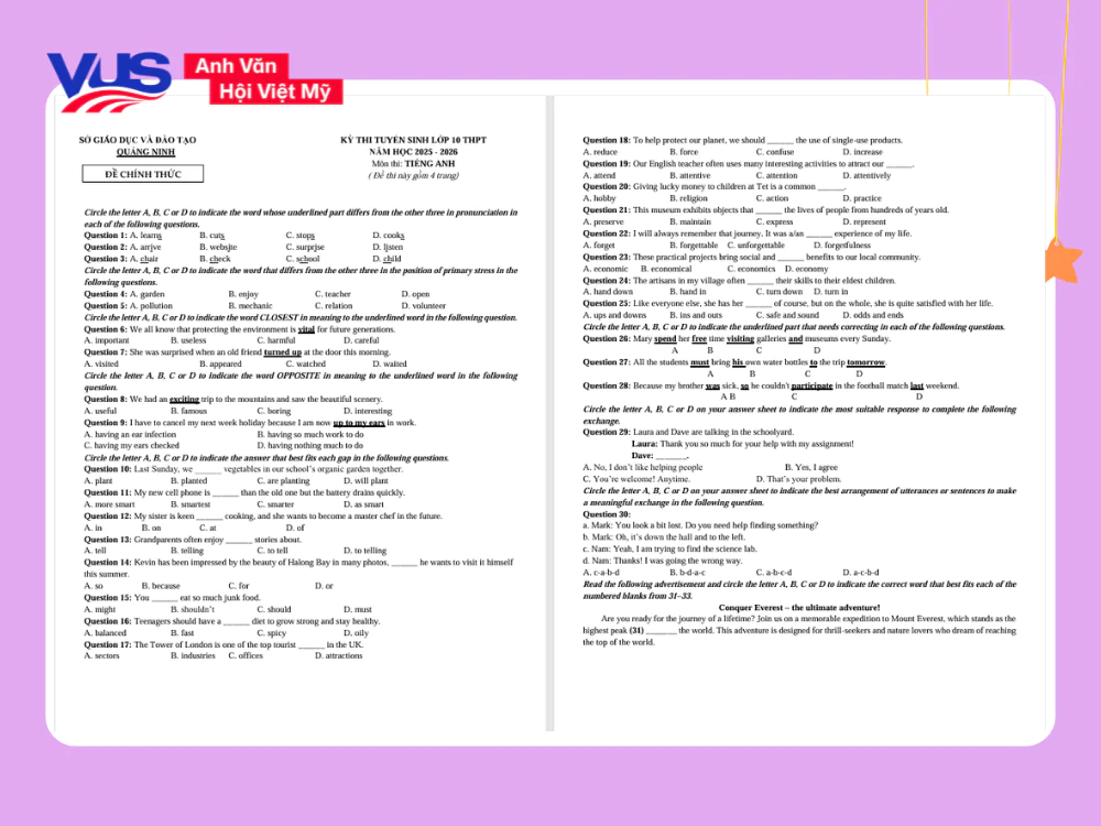 Bộ File đề thi tiếng Anh v&agrave;o 10 Quảng Ninh c&aacute;c năm (Kh&ocirc;ng chuy&ecirc;n)