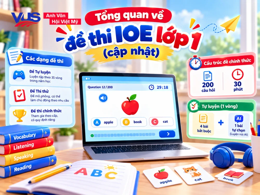 Cấu tr&uacute;c v&agrave; h&igrave;nh thức của đề thi IOE lớp 1