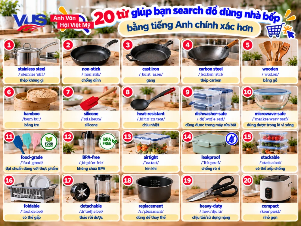 20 từ kh&oacute;a tiếng Anh gi&uacute;p bạn t&igrave;m kiếm dụng cụ nh&agrave; bếp chuẩn x&aacute;c tr&ecirc;n mạng
