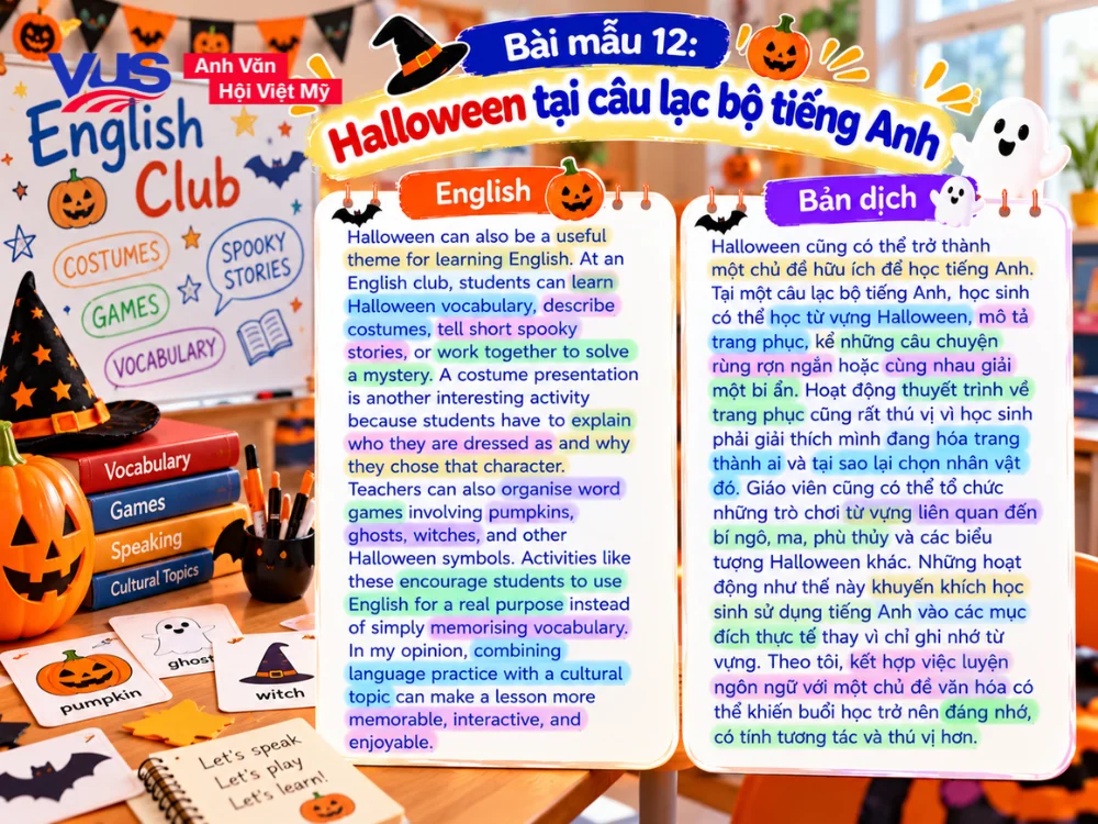B&agrave;i viết về lễ hội Halloween bằng tiếng Anh ngắn gọn_B&agrave;i mẫu 12: Halloween tại c&acirc;u lạc bộ tiếng Anh