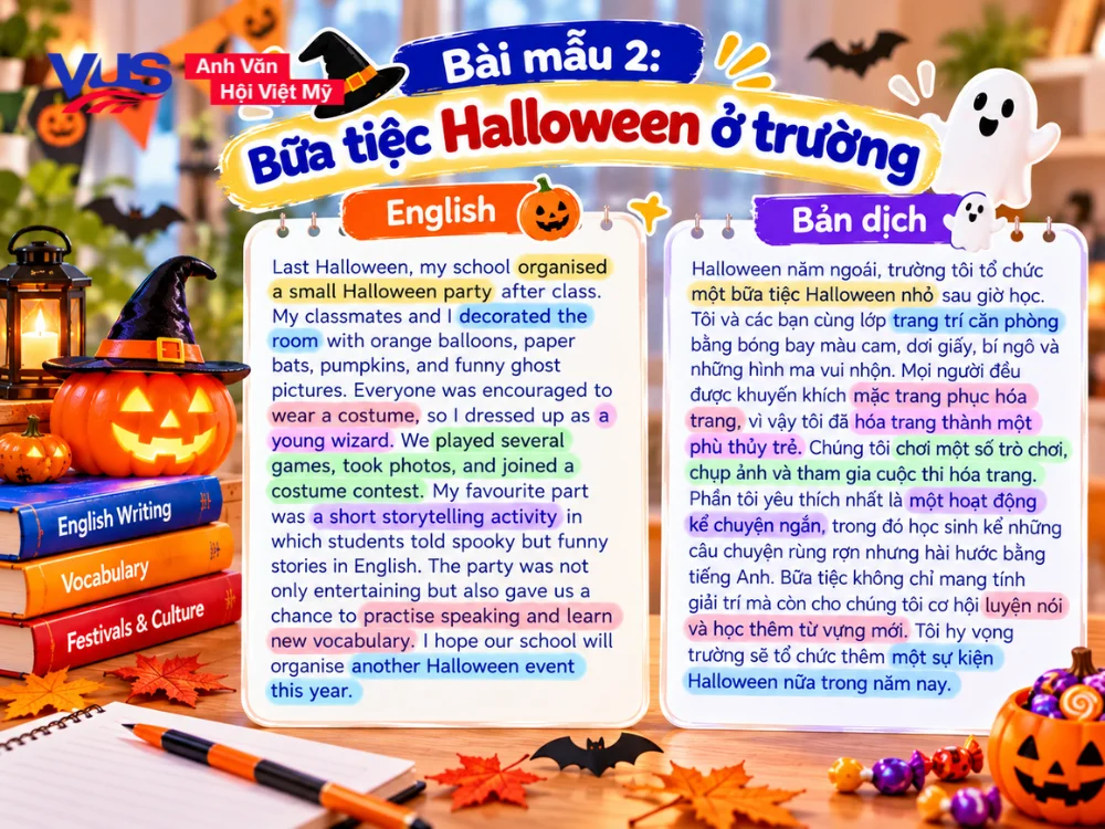 B&agrave;i viết về lễ hội Halloween bằng tiếng Anh ngắn gọn_B&agrave;i mẫu 2: Bữa tiệc Halloween ở trường