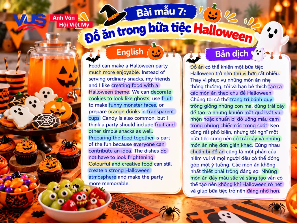 B&agrave;i viết về lễ hội Halloween bằng tiếng Anh ngắn gọn_B&agrave;i mẫu 7: Đồ ăn trong bữa tiệc Halloween
