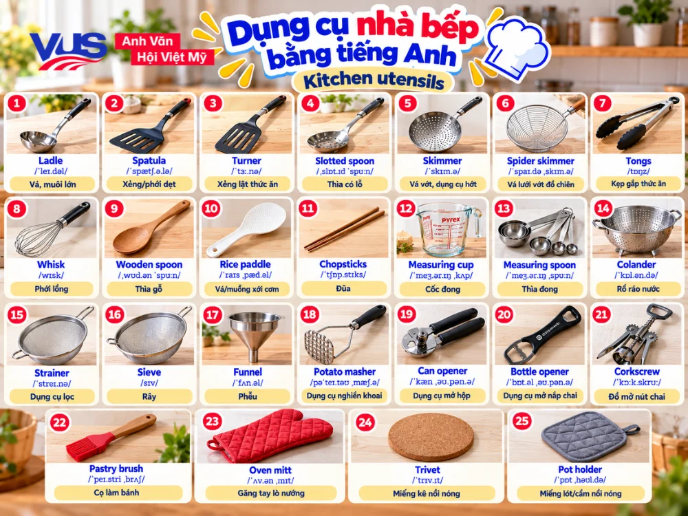 Bộ từ vựng c&aacute;c dụng cụ l&agrave;m bếp v&agrave; hỗ trợ nấu ăn cơ bản (Kitchen Utensils)