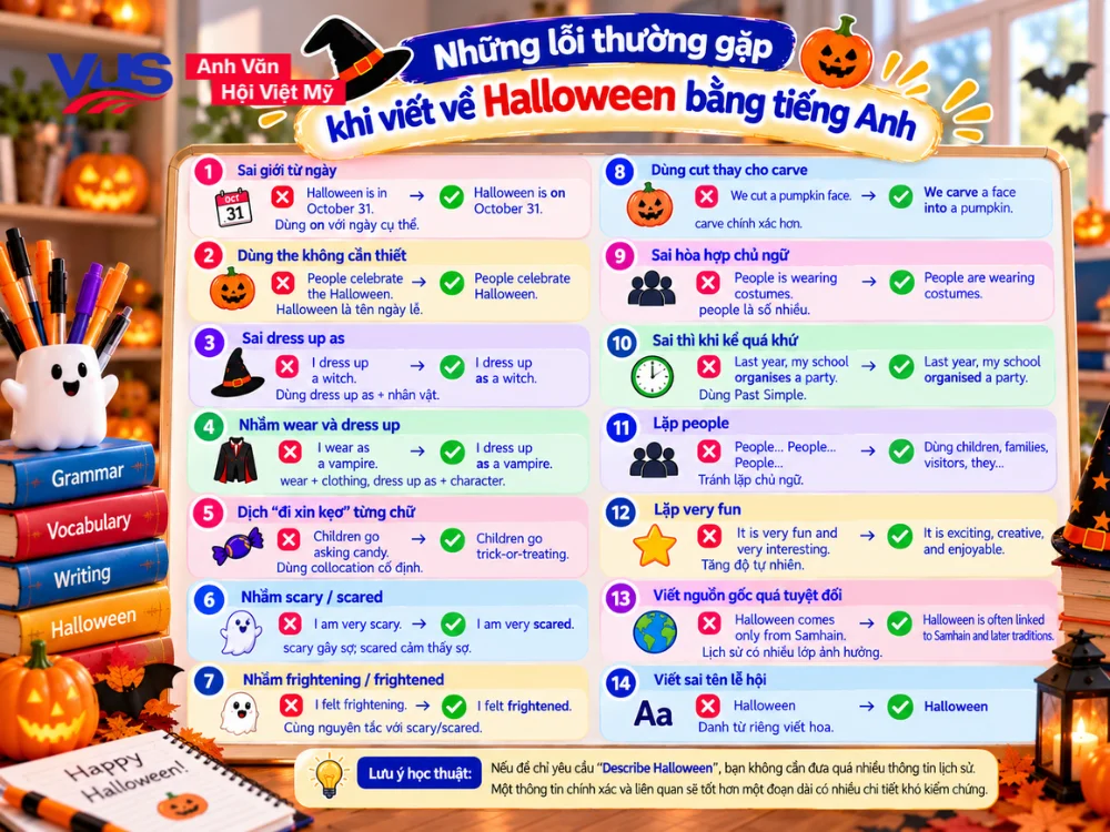 C&aacute;c lỗi sai phổ biến cần tr&aacute;nh khi dựng đoạn văn v&agrave; viết b&agrave;i về Halloween bằng tiếng Anh