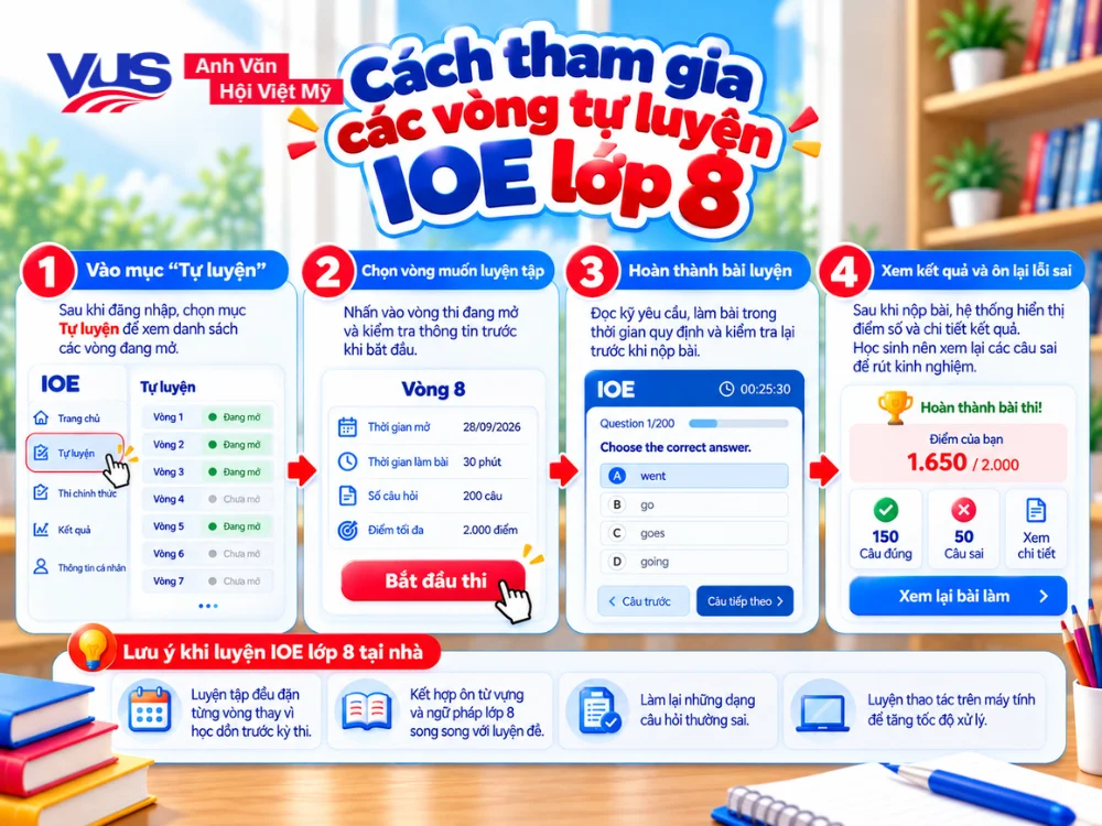 C&aacute;ch tham gia c&aacute;c v&ograve;ng tự luyện IOE lớp 8