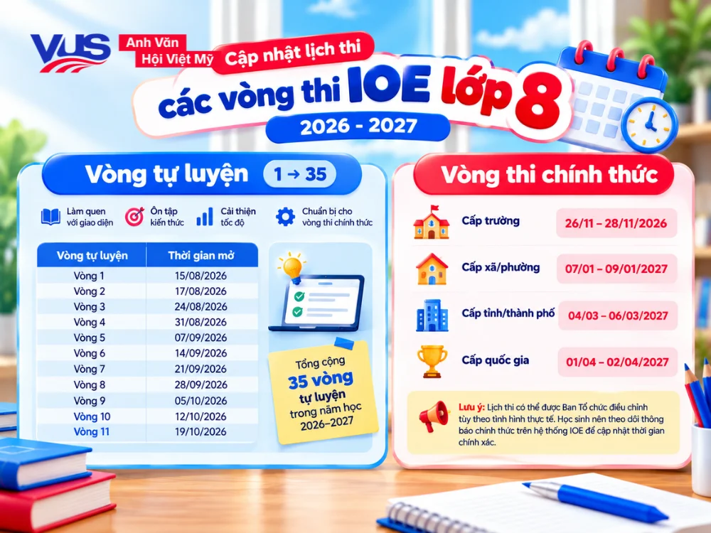 Lịch thi IOE lớp 8 mới năm học 2026 - 2027