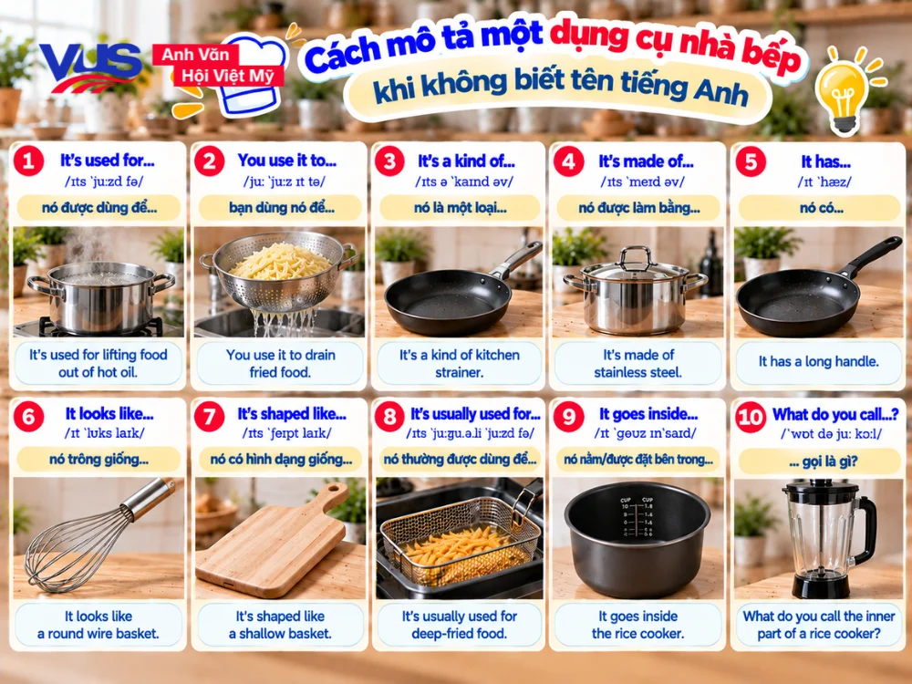 Mẫu c&acirc;u v&agrave; thuật ngữ gi&uacute;p diễn đạt m&ocirc; tả dụng cụ bếp khi qu&ecirc;n từ vựng