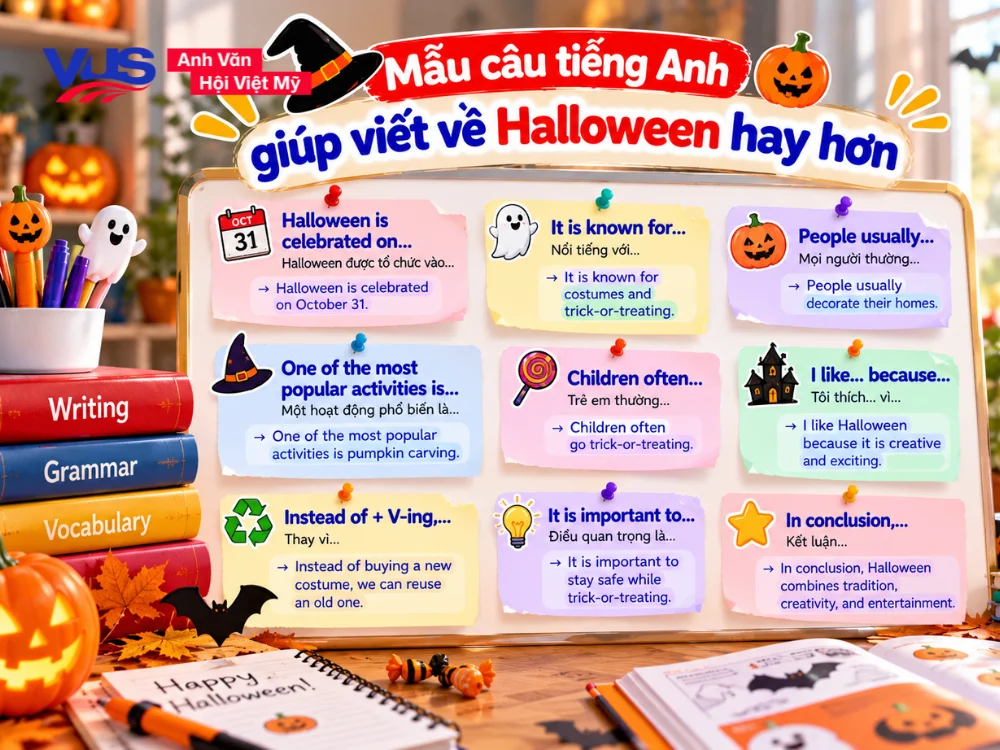 Tổng hợp c&aacute;c mẫu c&acirc;u v&agrave; từ nối thường d&ugrave;ng khi viết về lễ hội Halloween