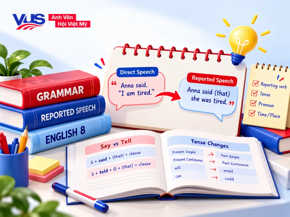 Tổng hợp l&yacute; thuyết v&agrave; quy tắc l&ugrave;i th&igrave; c&acirc;u tường thuật tiếng Anh lớp 8 (Reported Speech)