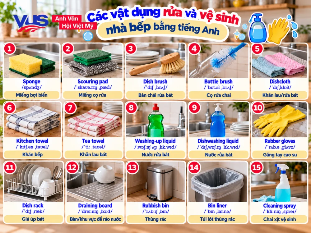 Tổng hợp từ vựng dụng cụ dọn dẹp v&agrave; vệ sinh khu vực bếp (Kitchen Cleaning Tools)
