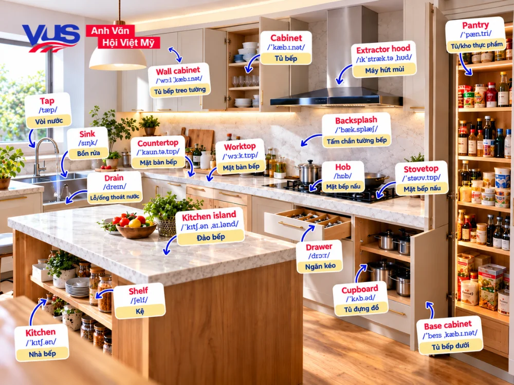Tổng quan c&aacute;c khu vực v&agrave; bộ phận ch&iacute;nh trong căn bếp bằng tiếng Anh (Kitchen Layout & Parts)