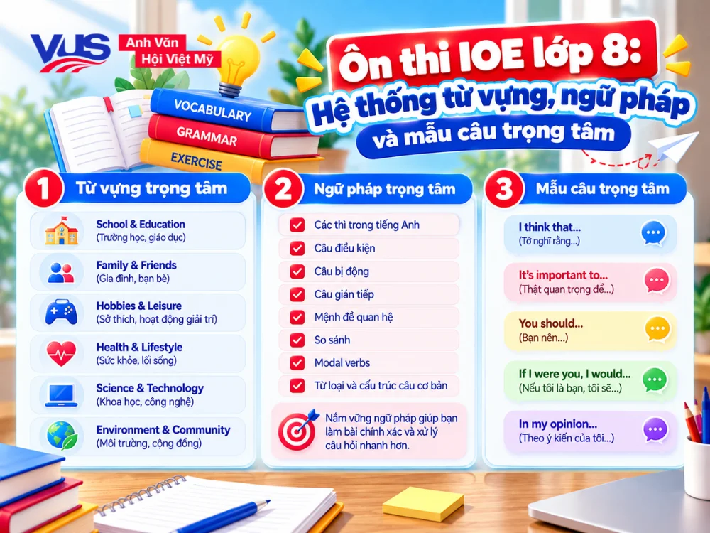 Trọn bộ kiến thức ngữ ph&aacute;p, từ vựng v&agrave; mẫu c&acirc;u trọng t&acirc;m &ocirc;n thi IOE lớp 8
