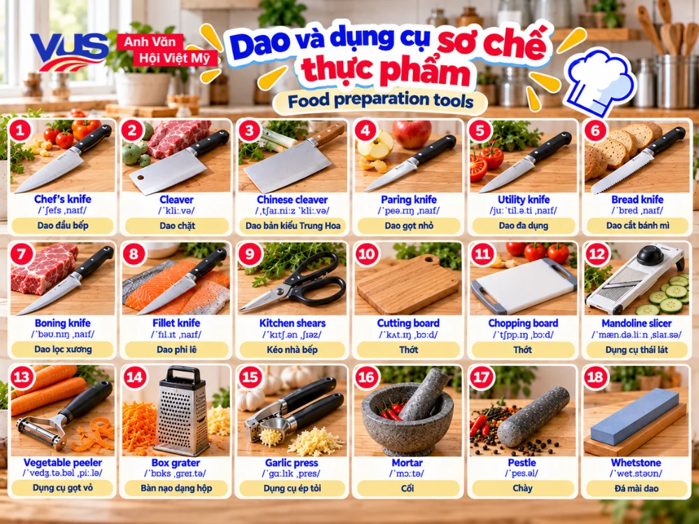 Từ vựng tiếng Anh về c&aacute;c loại dao bếp v&agrave; dụng cụ sơ chế nguy&ecirc;n liệu