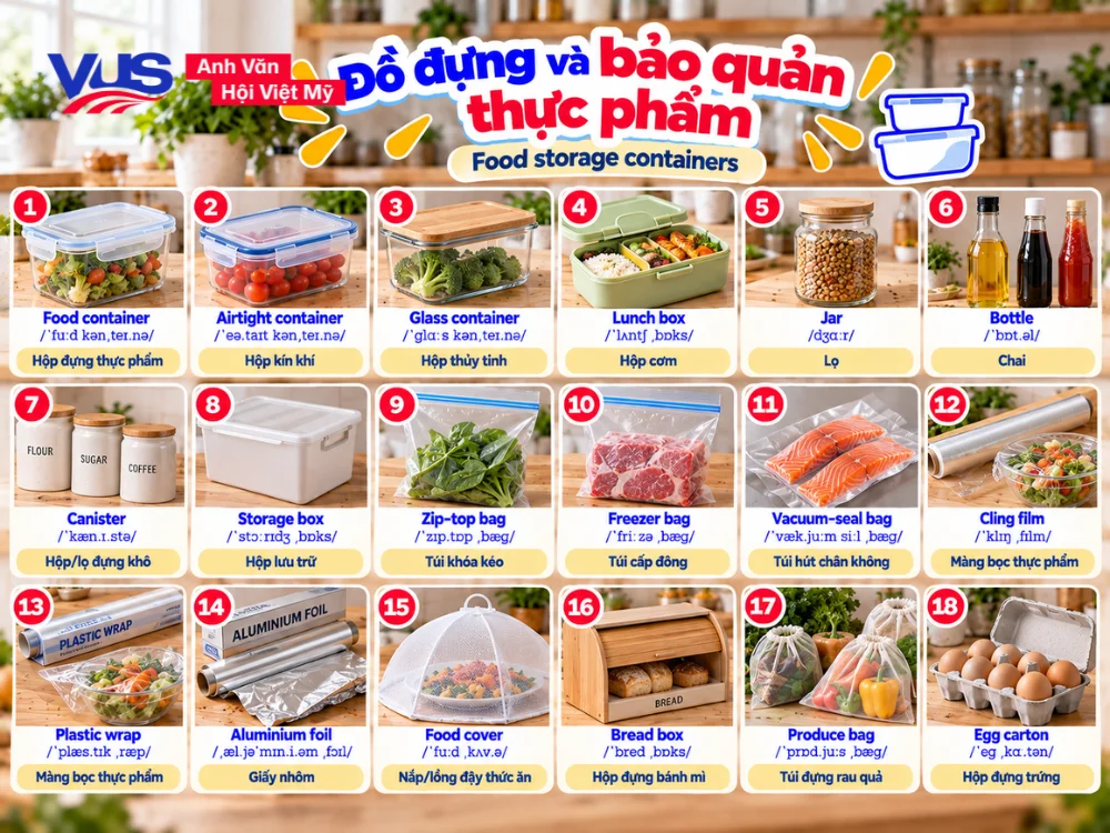 Từ vựng tiếng Anh về đồ d&ugrave;ng lưu trữ v&agrave; bảo quản thực phẩm (Food Containers)