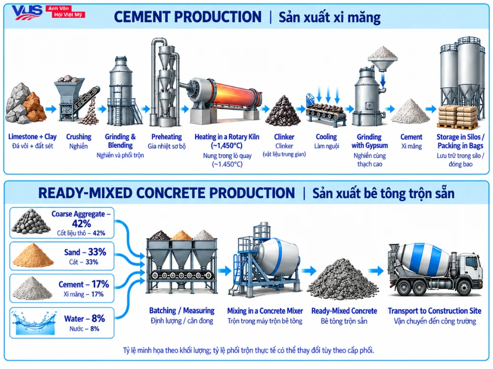 IELTS Writing Task 1 Process: Bộ từ vựng Cement & Concrete Production