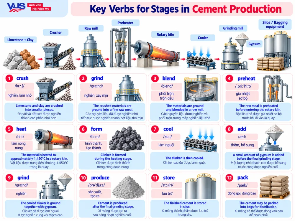 Động từ m&ocirc; tả từng c&ocirc;ng đoạn của Cement Production